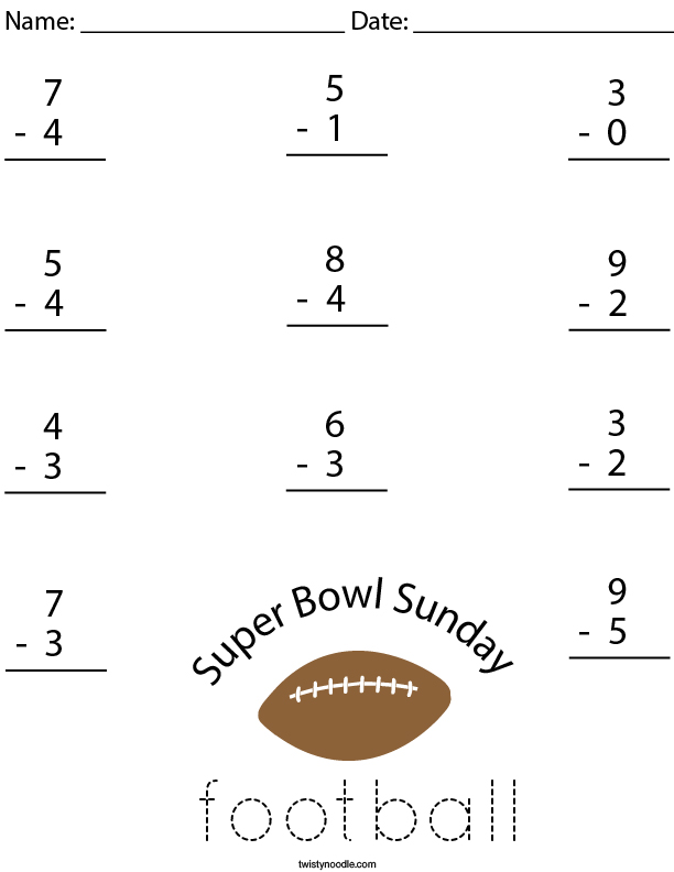 Super Bowl Subtraction Math Worksheet Twisty Noodle